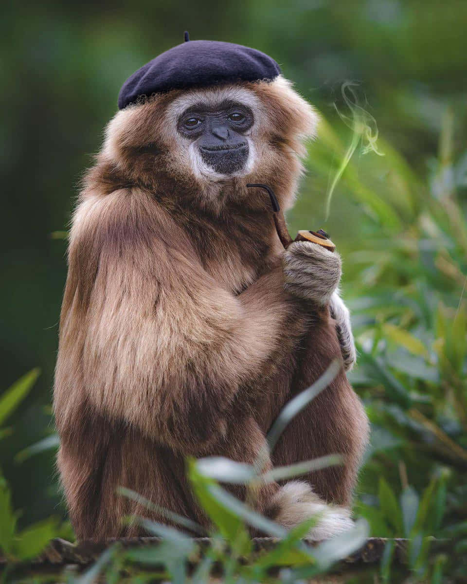 Ape 桌布 壁紙 — 一隻戴著黑色貝雷帽、抽著煙斗的長臂猿，平靜地坐在茂密的綠色樹葉中。