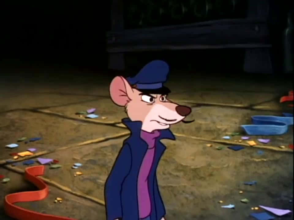 The Great Mouse Detective 桌布 壁紙 — 一隻戴藍色帽子和穿藍色外套的卡通老鼠站在燈光昏暗的房間裡，地板上散落著五顏六色的紙屑。