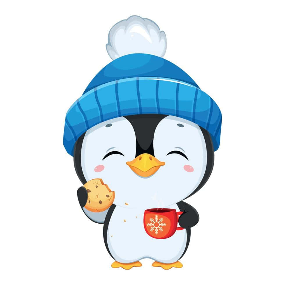Penguin Funny 桌布 壁紙 — 一隻戴藍色帽子的可愛卡通企鵝正在享用餅乾和一杯冒熱氣的熱可可。