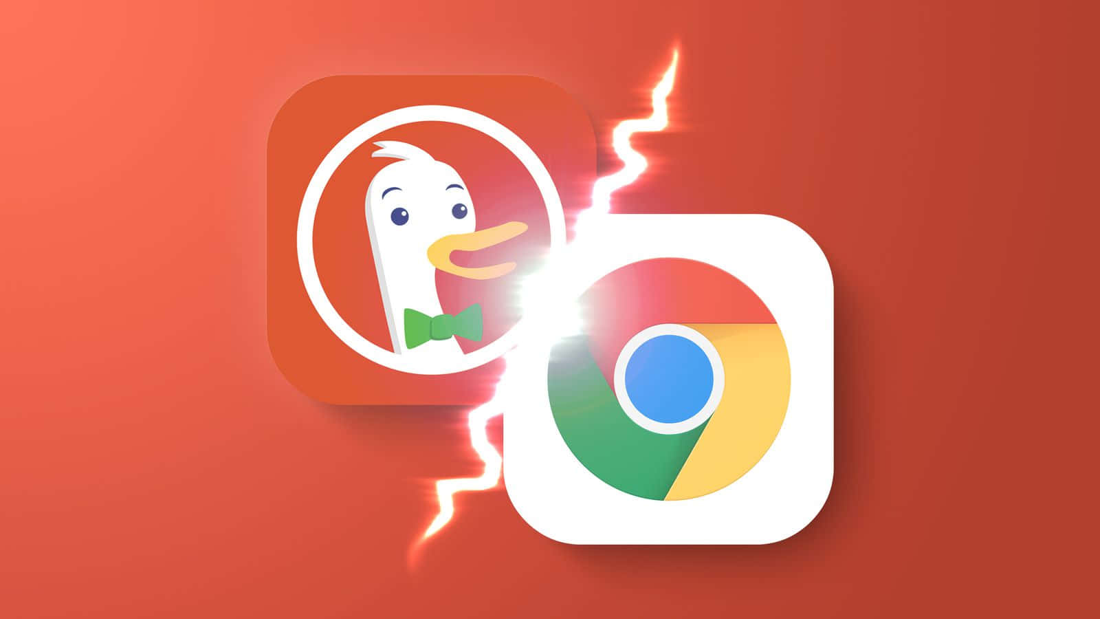 Duckduckgo 桌布 壁紙 — 一隻戴蝴蝶結的卡通鴨與Chrome瀏覽器圖標碰撞，它們之間有一道明亮的閃電，背景為紅色。