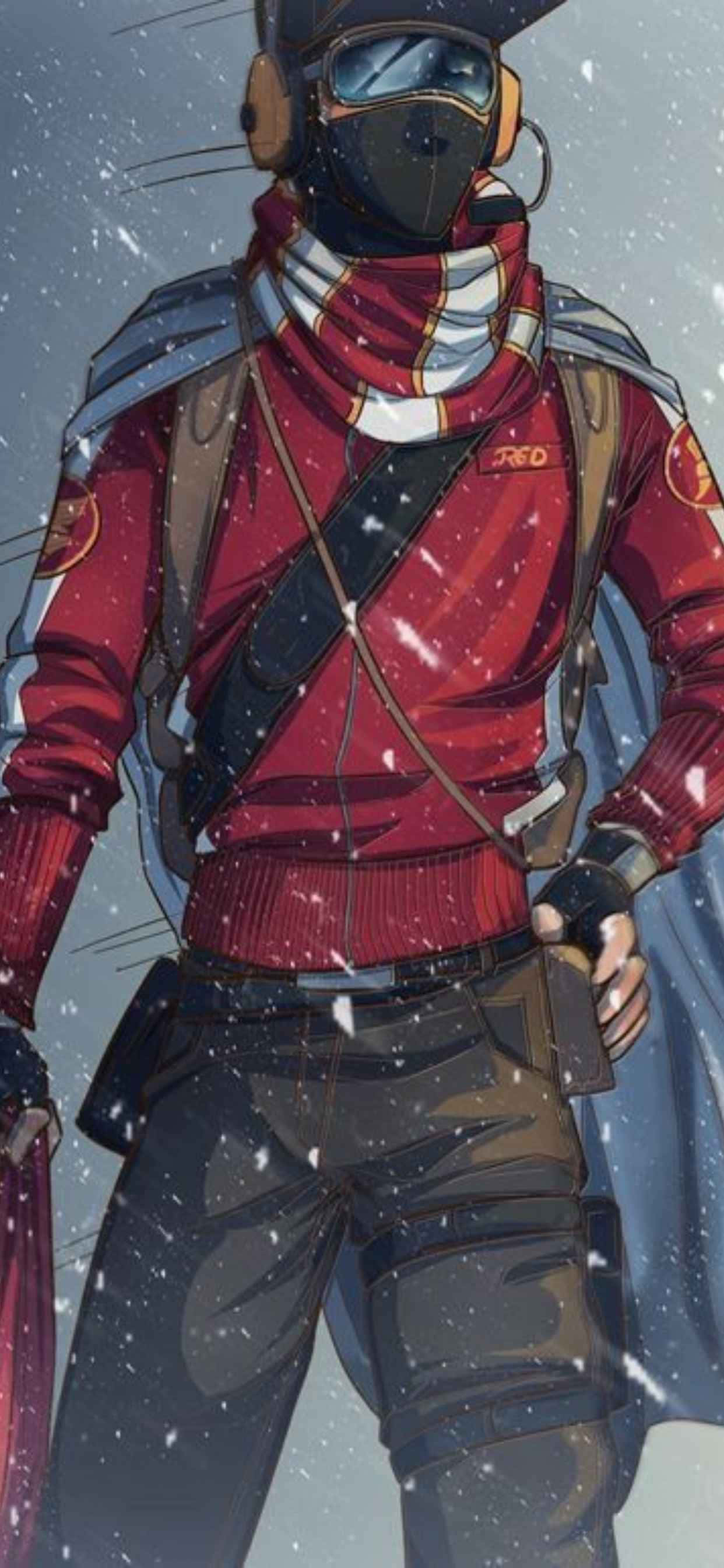 character design 桌布 壁紙 — 一隻戴面具的擬人化老鼠，身穿紅色冬季裝備，戴著護目鏡和圍巾，站在飄雪中。
