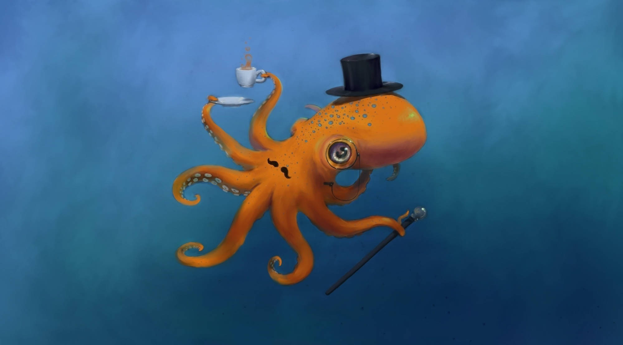 章魚 桌布 壁紙 — 一隻戴高帽和單片眼鏡的奇幻橙色章魚在水底拿著手杖喝茶。