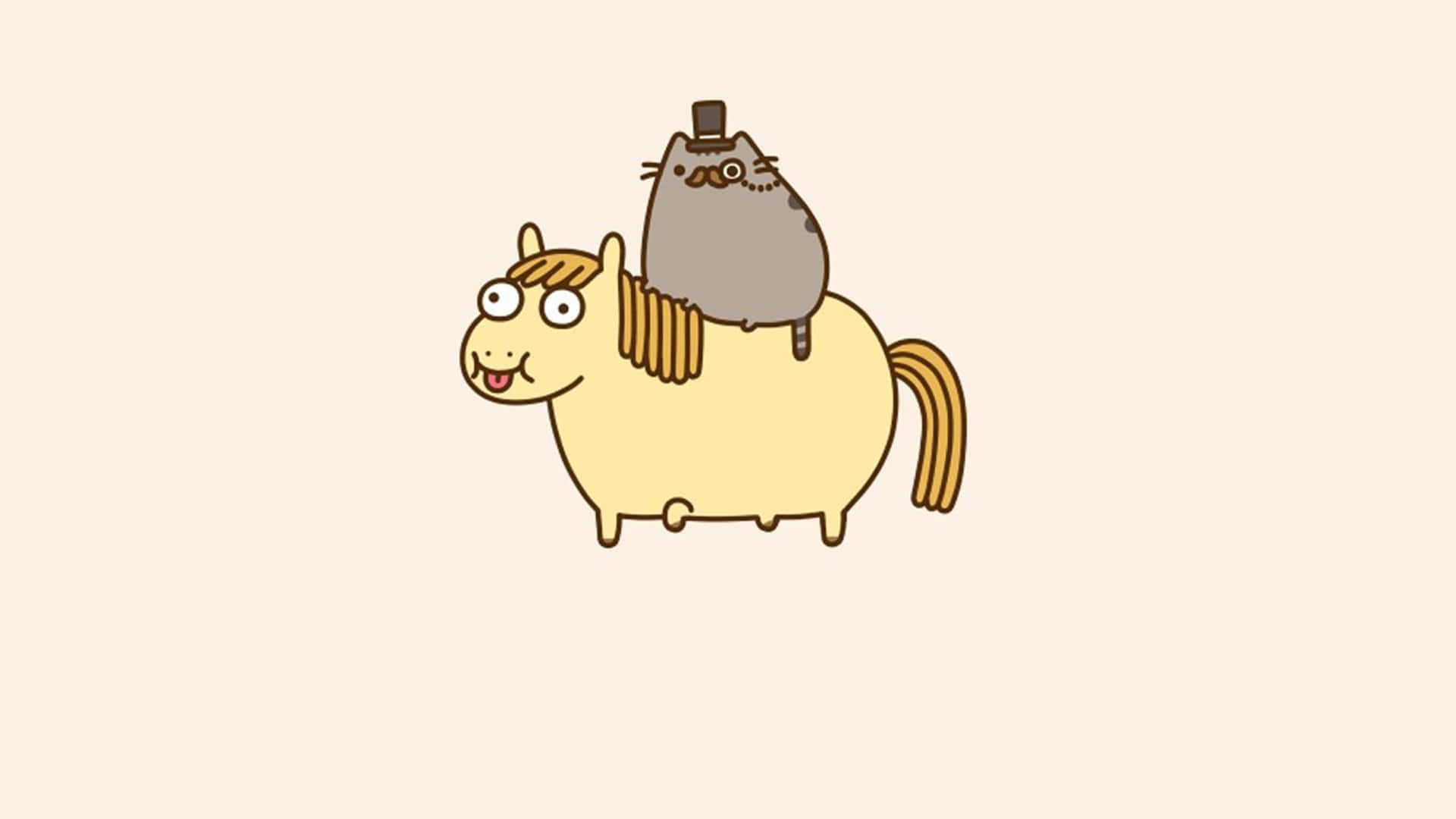 一隻戴高帽的卡通貓騎著一匹微笑的黃馬。 — Pusheen 動圖 壁紙