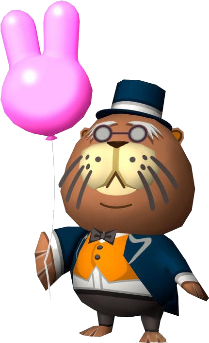 動物森友會 桌布 壁紙 — 一隻戴高帽穿燕尾服的卡通海狸，在黑色背景前拿著一個粉紅色兔子氣球。