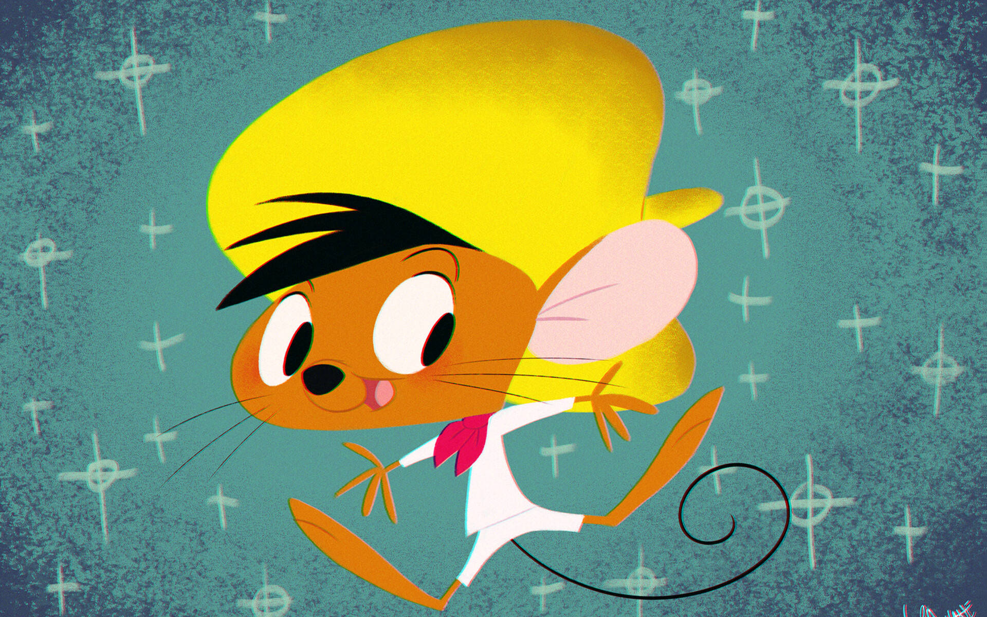 Speedy Gonzales 桌布 壁紙 — 一隻戴黃色帽子和穿白色襯衫的開心卡通老鼠，在帶有白色十字圖案的青綠色背景上歡快地跳舞。