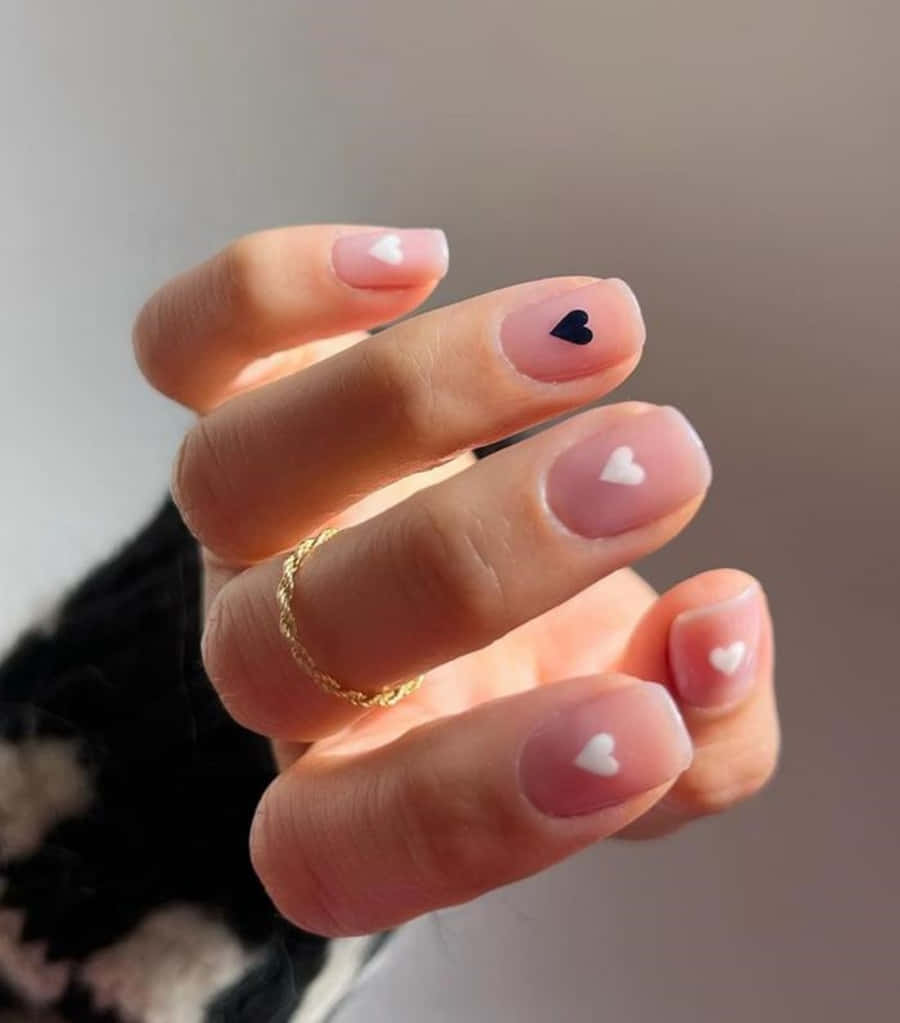Pink Nail Art 桌布 壁紙 — 一隻手，帶有柔軟的粉紅色指甲，飾有細小的白色和一個黑色心形貼紙，以及一枚精緻的金戒指。