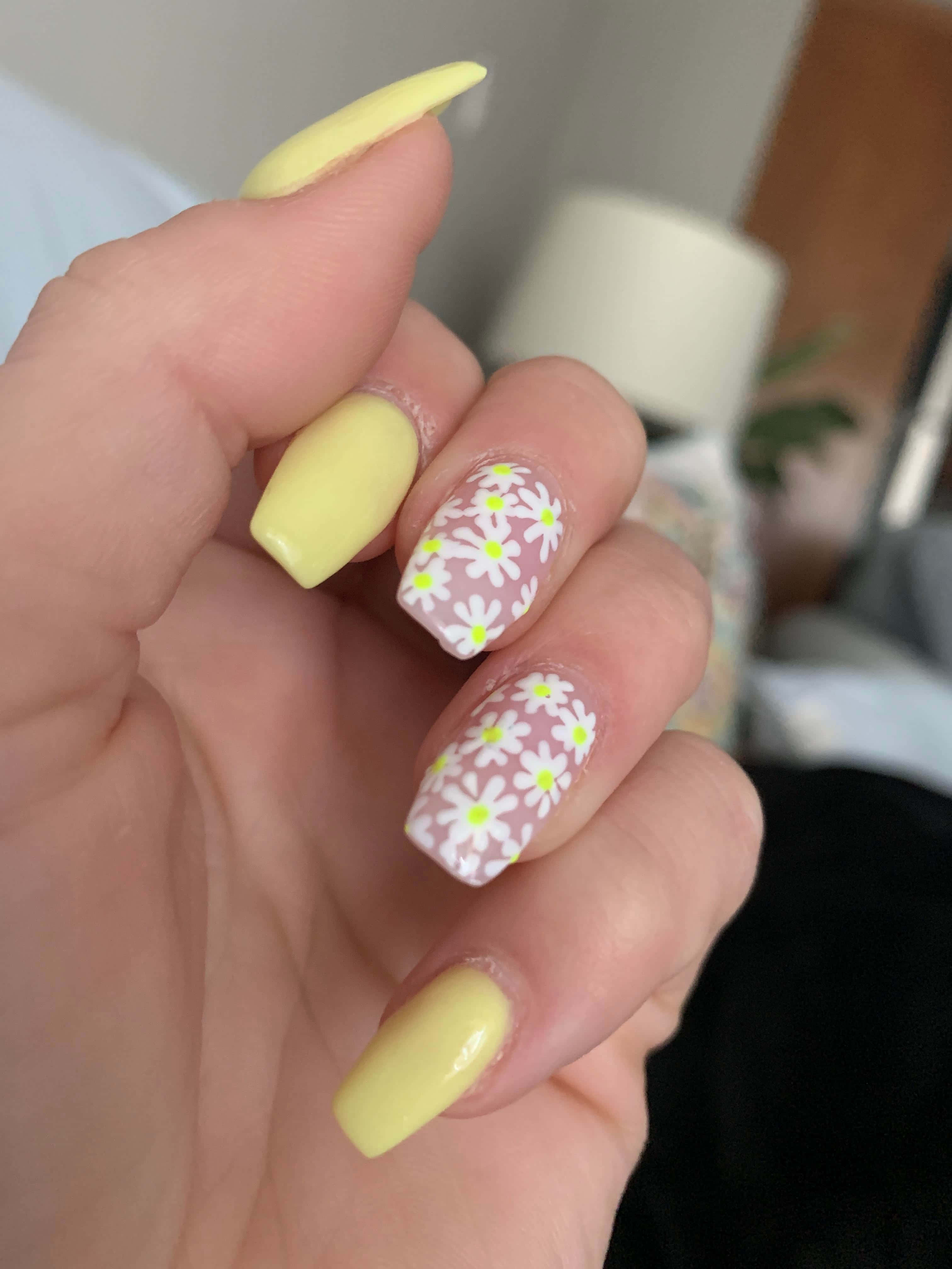 Spring Nails 桌布 壁紙 — 一隻手，帶有淡黃色指甲，其中兩指以白色雛菊點綴在粉紅色底色上。