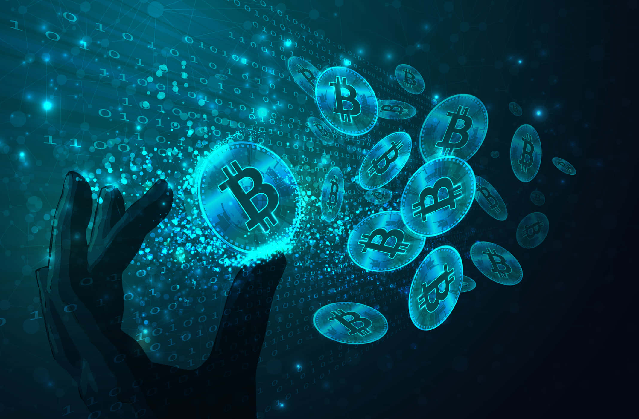 Cryptocurrency 桌布 壁紙 — 一隻手伸向在數位虛空中，於層疊的二進位代碼之間漂浮的發光藍色比特幣硬幣。