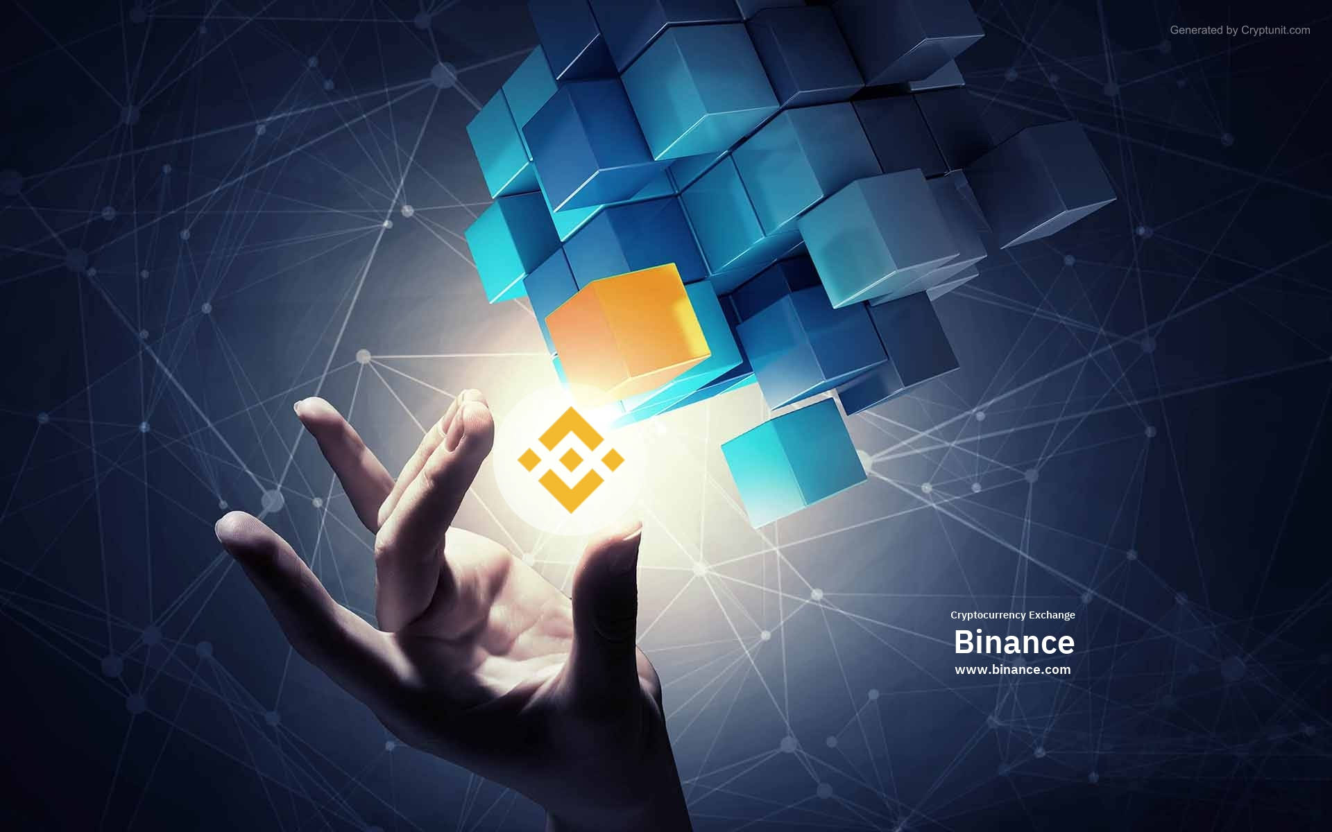 Binance 桌布 壁紙 — 一隻手伸向發光的Binance標誌，周圍環繞著漂浮的藍色立方體，背景是黑暗的網路。