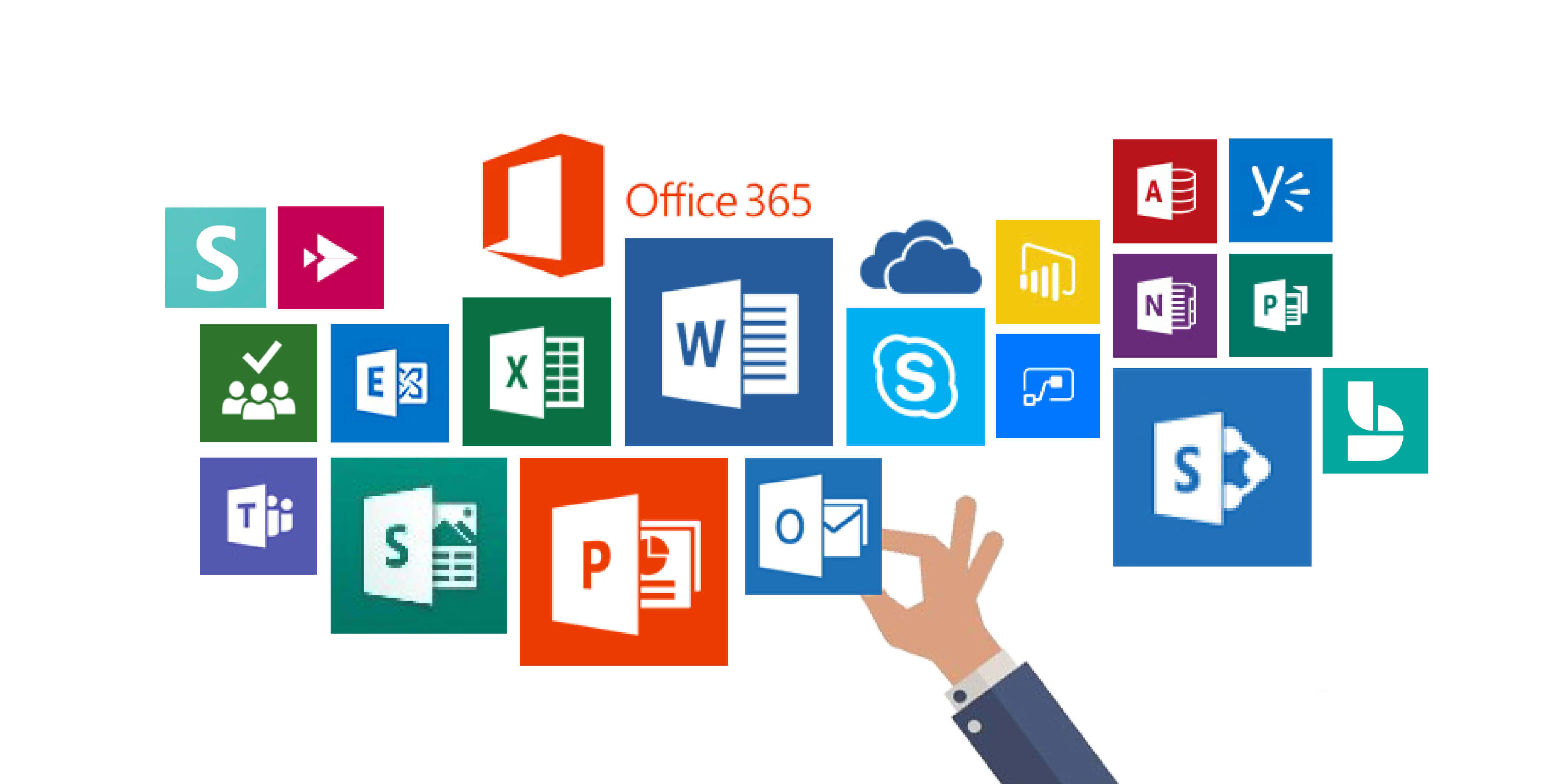Office 365 桌布 壁紙 — 一隻手伸向白色背景上漂浮的一組彩色 Microsoft Office 365 應用程式圖示。