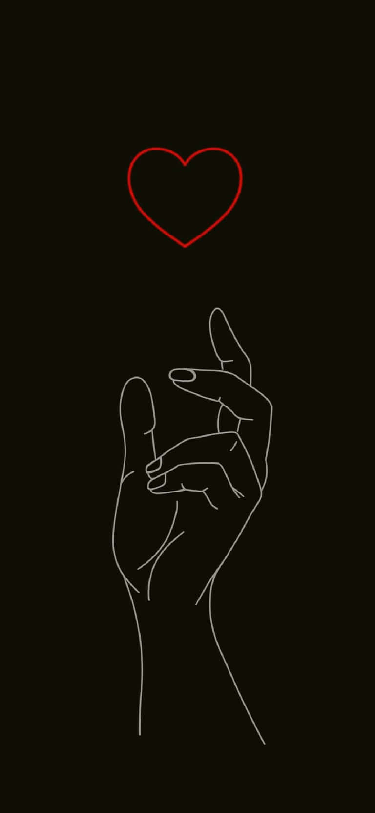Aesthetic Black Heart 桌布 壁紙 — 一隻手伸向黑暗背景中發光的紅色心形圖案的極簡線條畫。