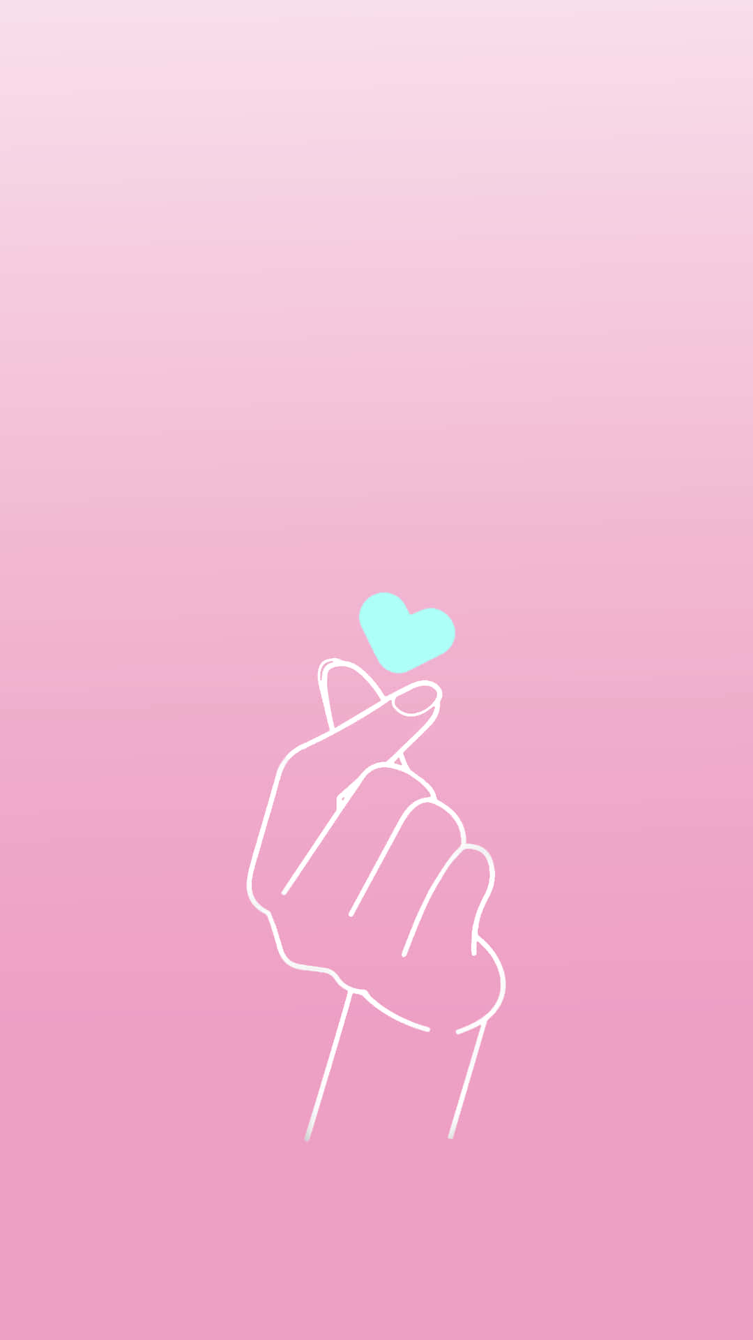 Finger Heart 桌布 壁紙 — 一隻手做出心形手勢，拿著淺藍色心形，背景是柔和粉紅色漸變的極簡白色線條畫。