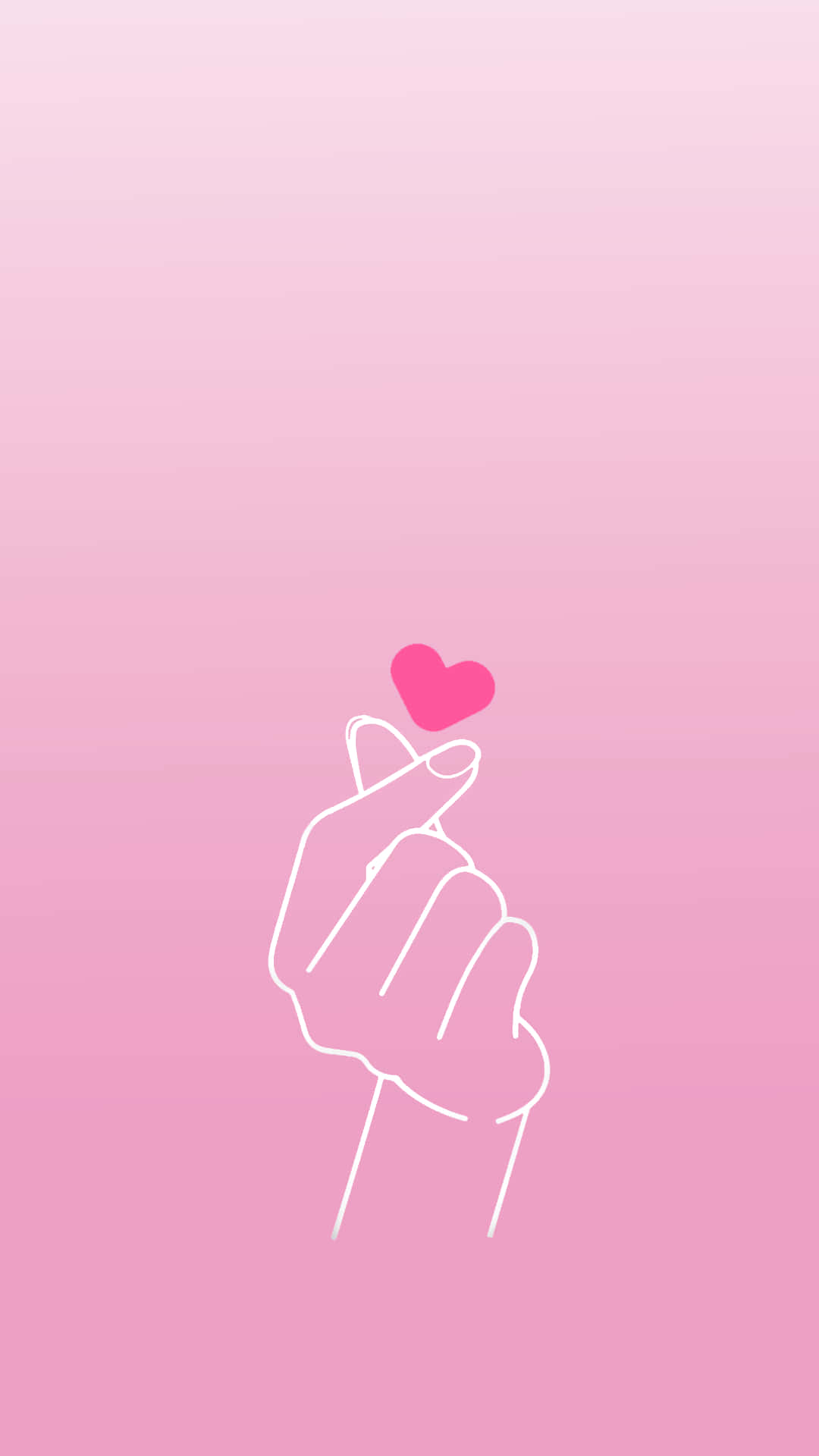 Finger Heart 桌布 壁紙 — 一隻手做出心形手勢的極簡白色線條畫，背景為柔和粉紅色漸變。