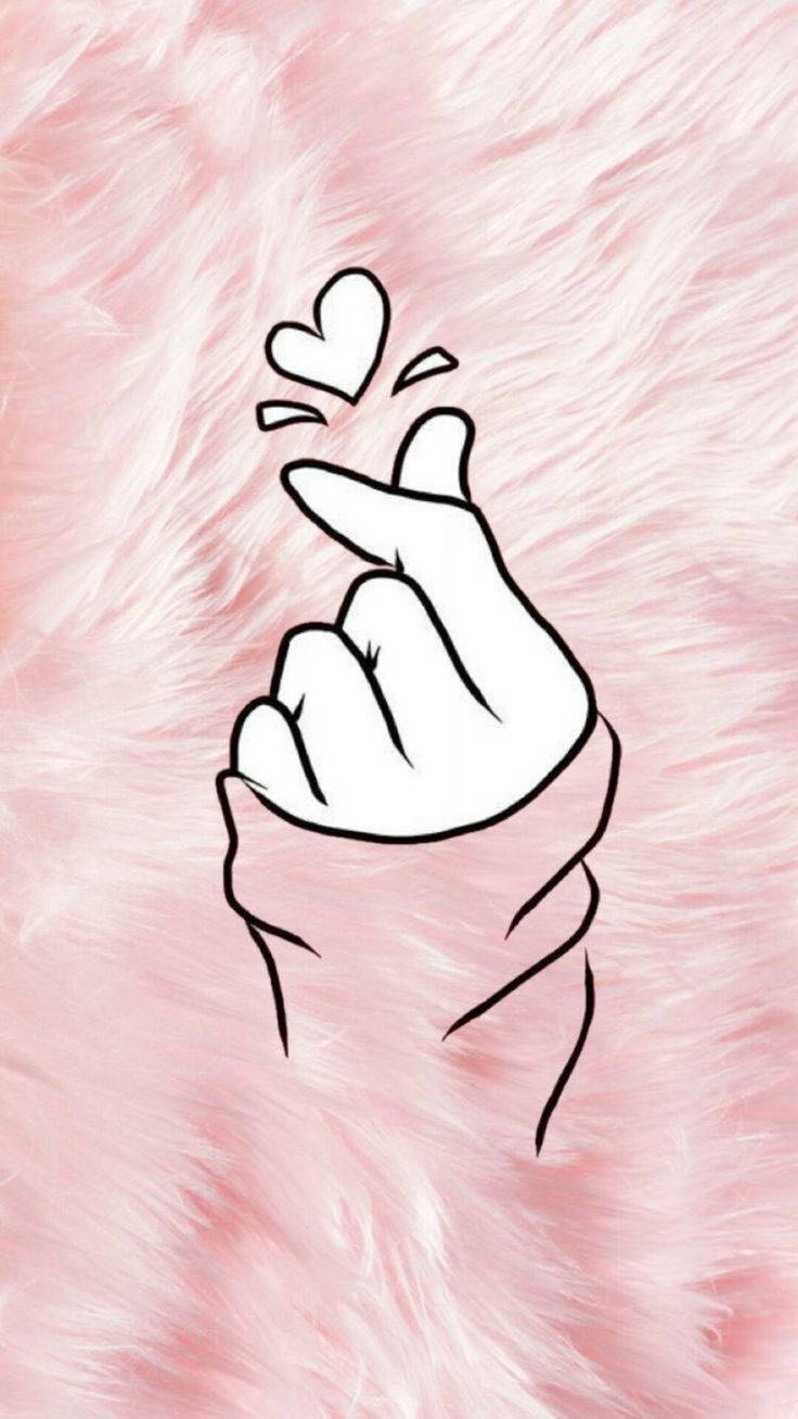 fur 桌布 壁紙 — 一隻手做出手指愛心手勢的極簡黑色輪廓，背景是柔軟的粉紅色毛絨背景，帶有漂浮的愛心。