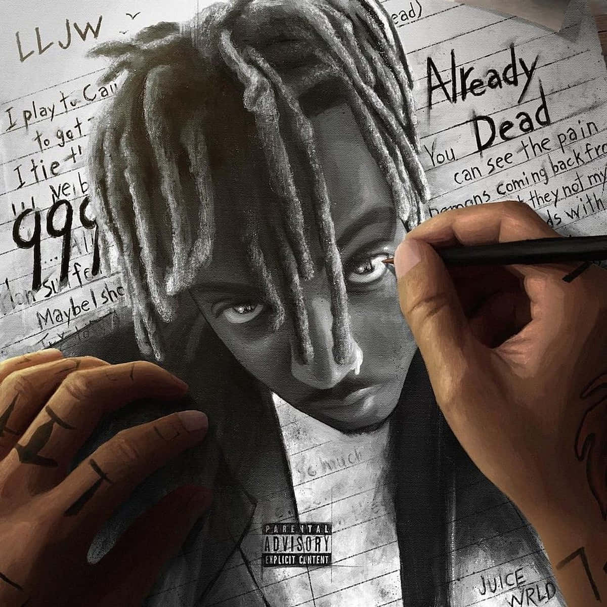 藝術家在紙上畫Juice WRLD肖像，附有手寫歌詞。 — Juice Wrld 壁紙