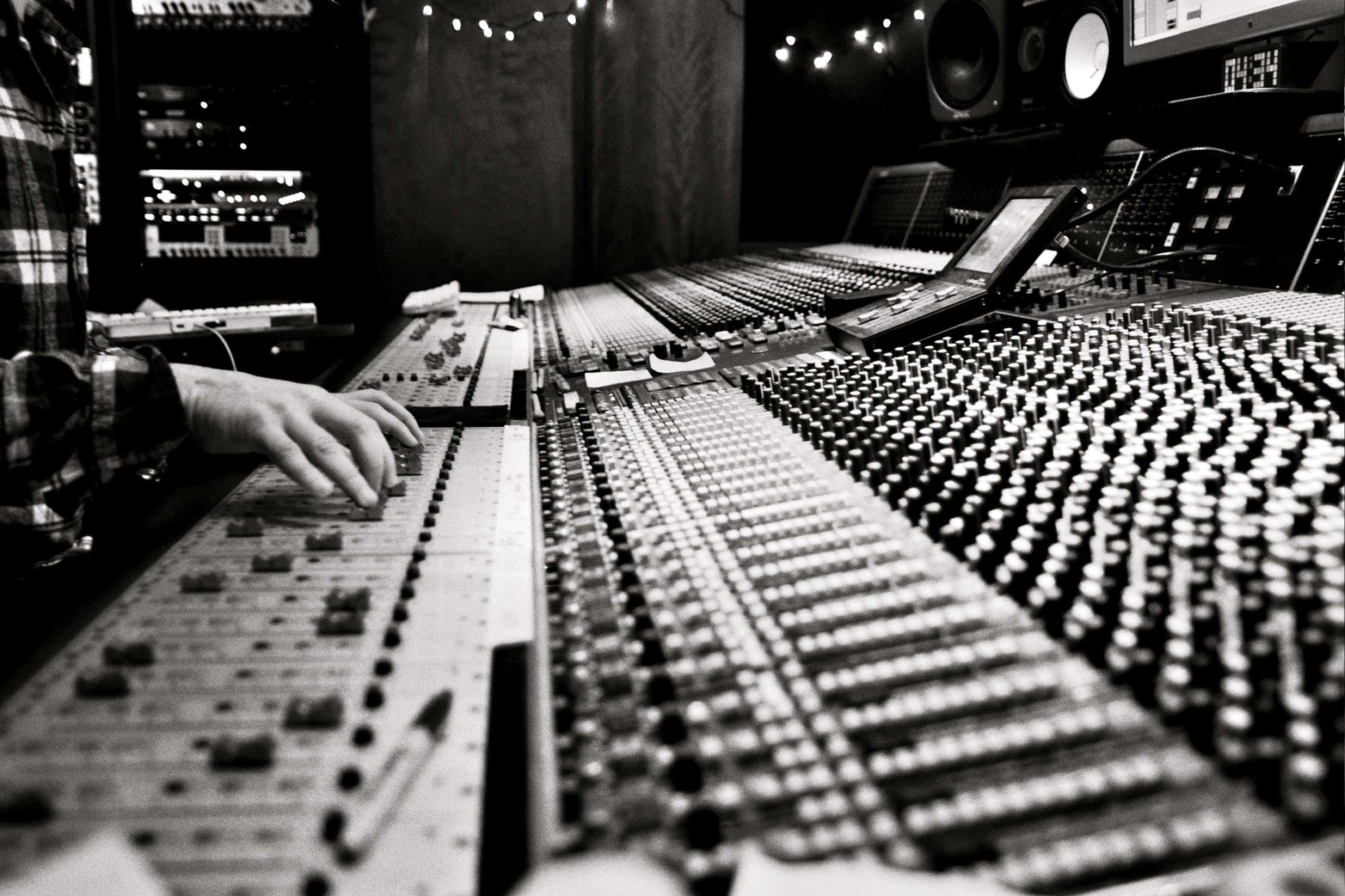 Studio 桌布 壁紙 — 一隻手在光線昏暗的錄音室中調整大型音頻混音控制台上的旋鈕，周圍有燈串和揚聲器。
