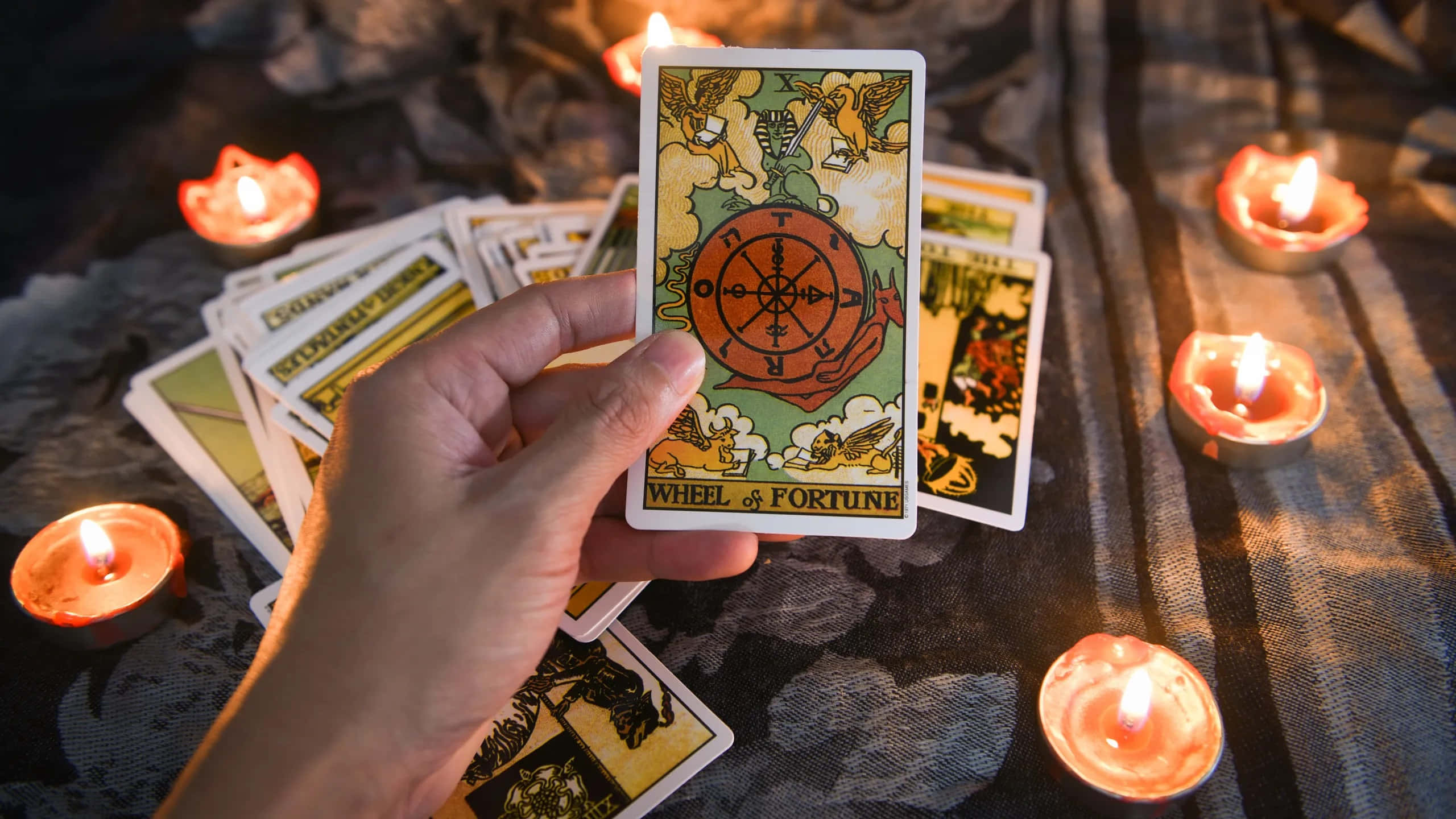 Tarot Card 桌布 壁紙 — 一隻手在圖案布上拿著命運之輪塔羅牌，被閃爍的茶燭照亮。