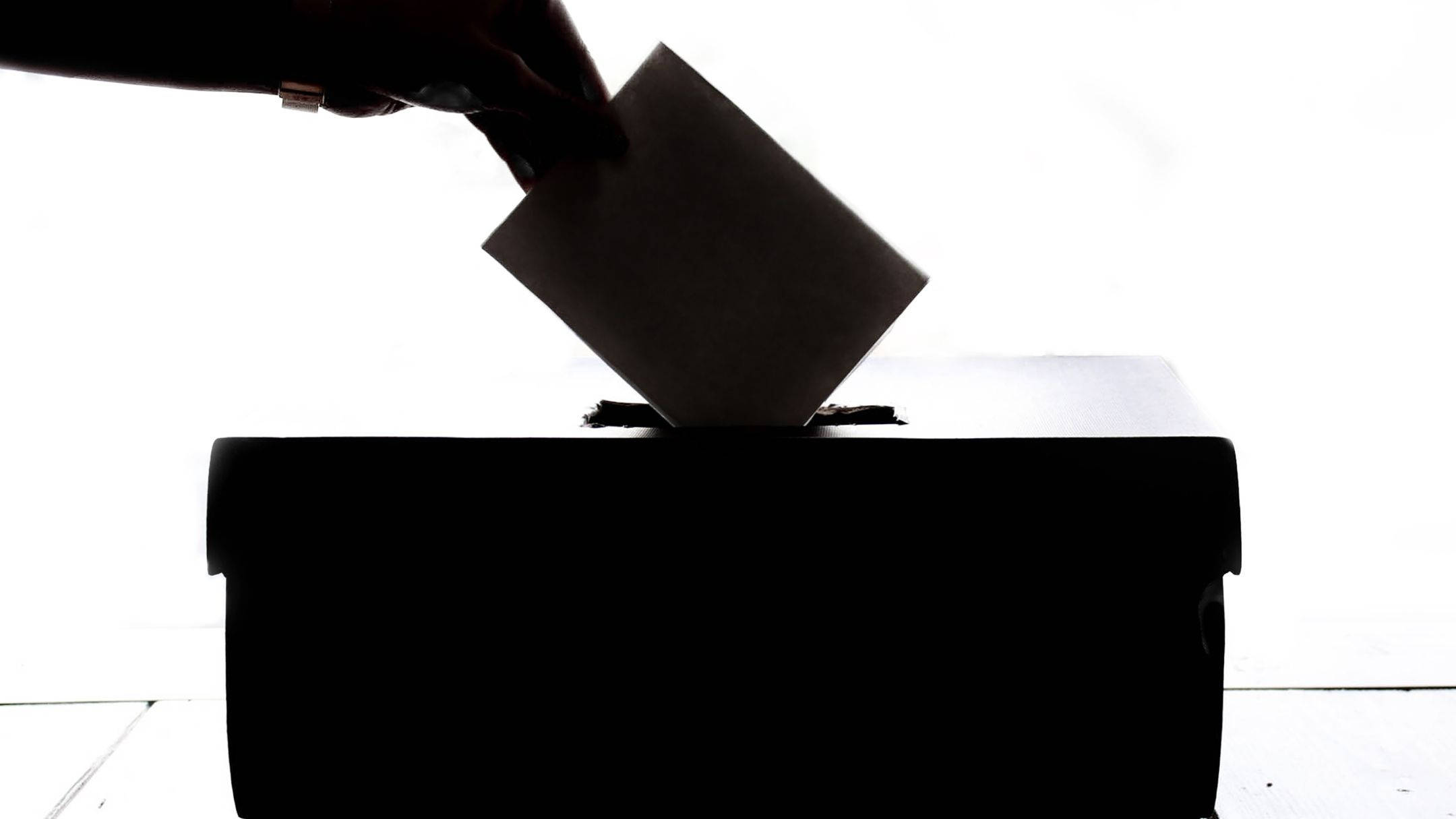 Box 桌布 壁紙 — 一隻手在明亮光線下形成剪影，將選票投入深色投票箱。