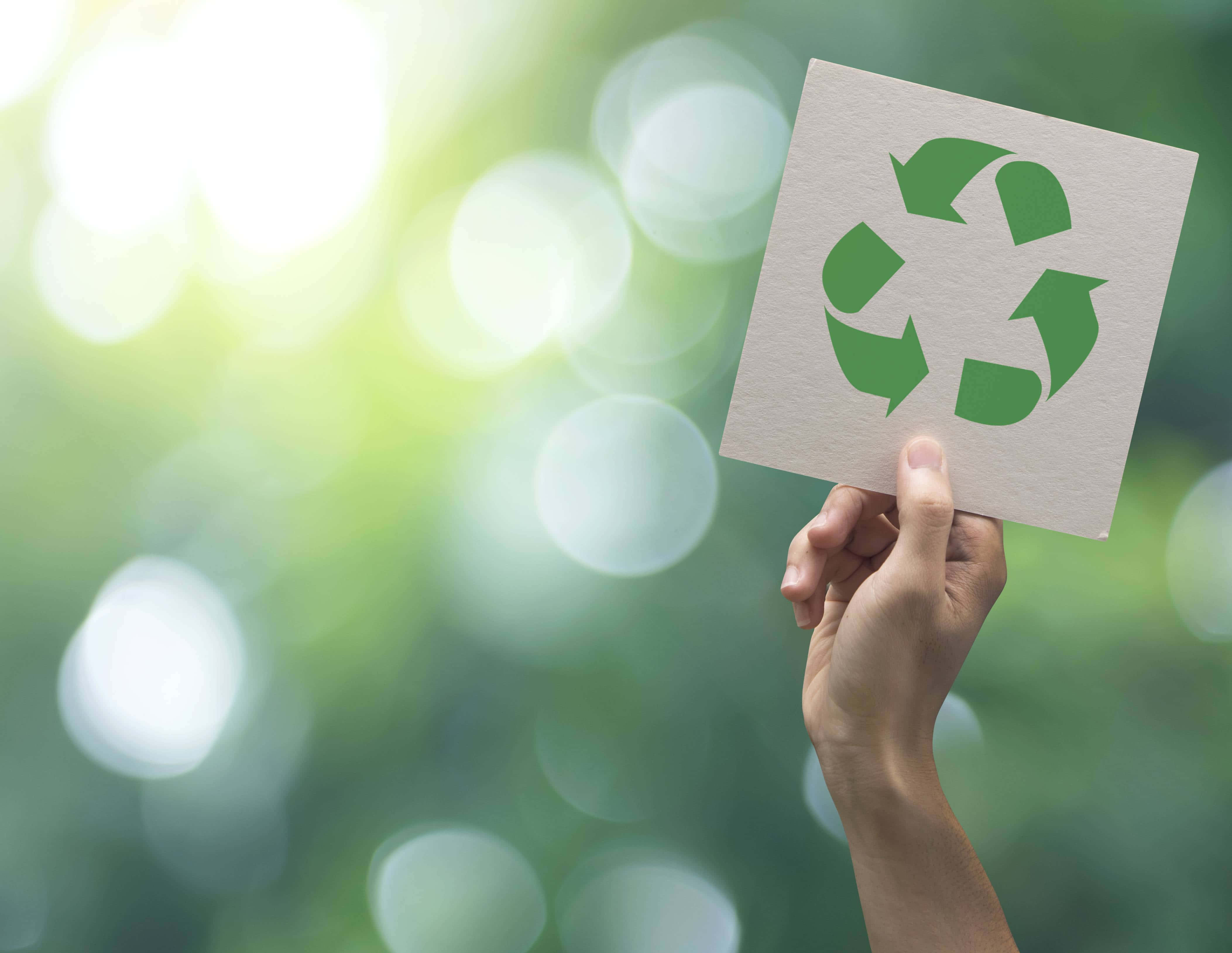 waste 桌布 壁紙 — 一隻手在明亮模糊的綠色背景前，拿著一張有綠色回收標誌的紙。