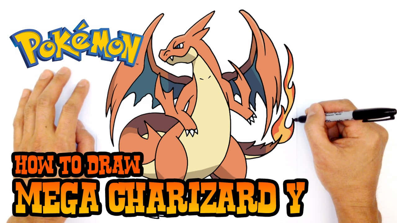 Charizard Pokemon 桌布 壁紙 — 一隻手在明亮的燈光下用馬克筆在白紙上繪製熾熱的Mega Charizard Y寶可夢。