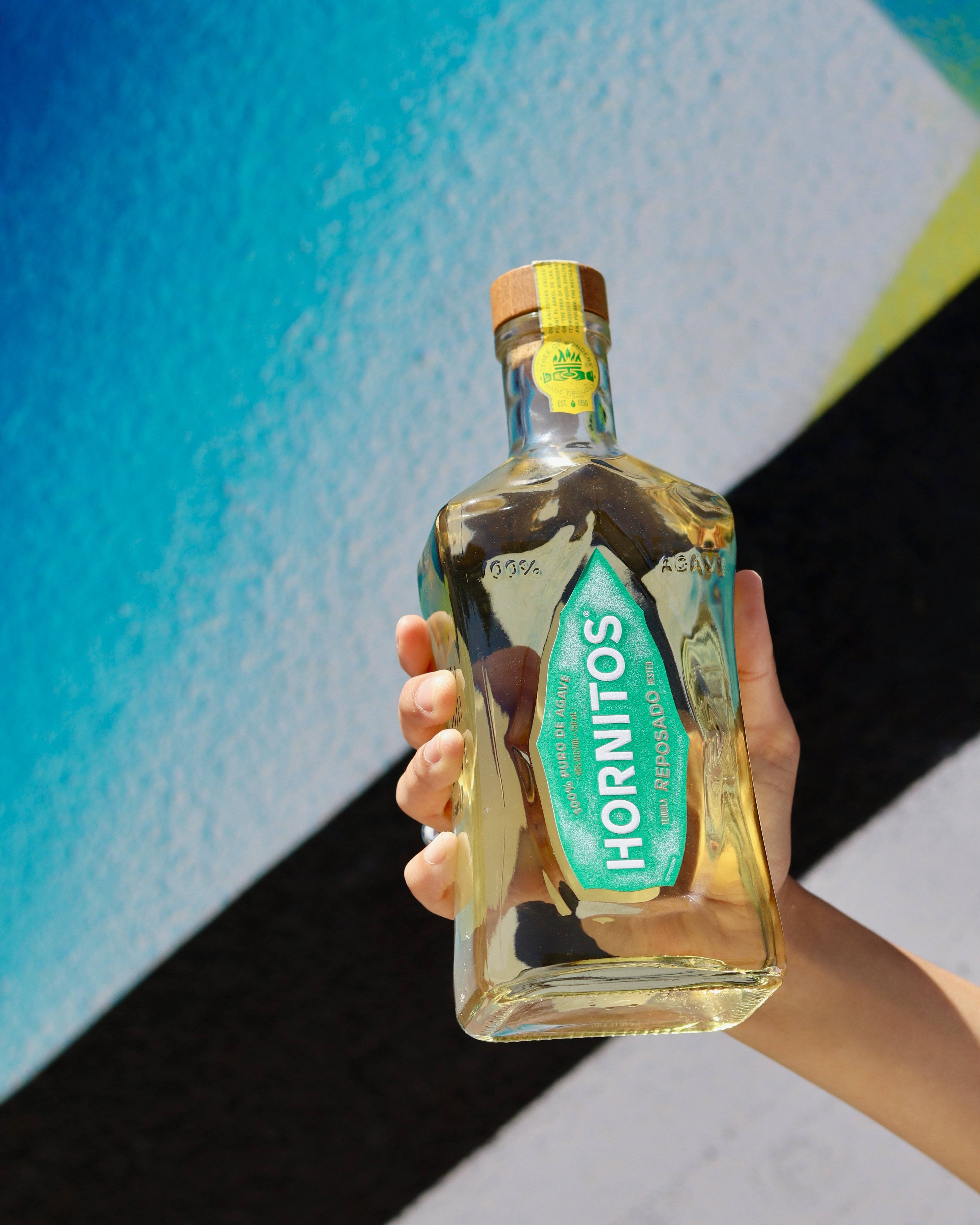 bottle 桌布 壁紙 — 一隻手在明亮的陽光下，拿著一瓶透明的Hornitos Reposado龍舌蘭酒，背景是充滿活力的藍色和黑色幾何牆。