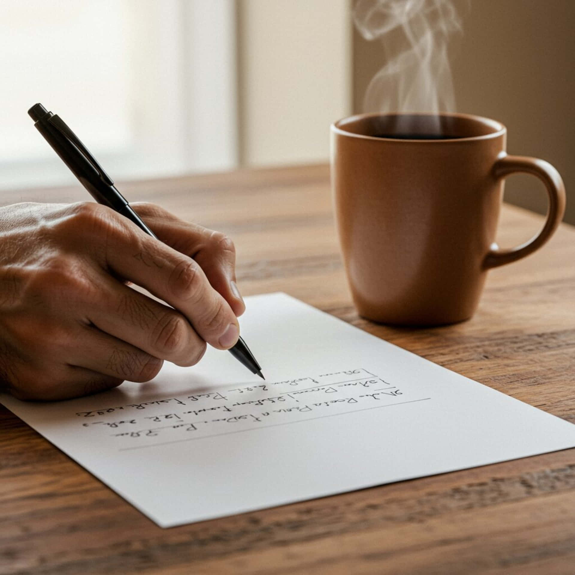Writing with a coffee cup 壁紙 — 一隻手在木桌上的棕色冒煙杯旁邊用草書寫字。