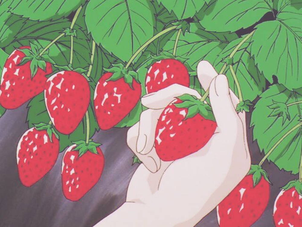 Strawberry Aesthetic 桌布 壁紙 — 一隻手在柔和自然光下，輕輕從茂盛的綠色藤蔓上摘下一顆成熟的紅色草莓。