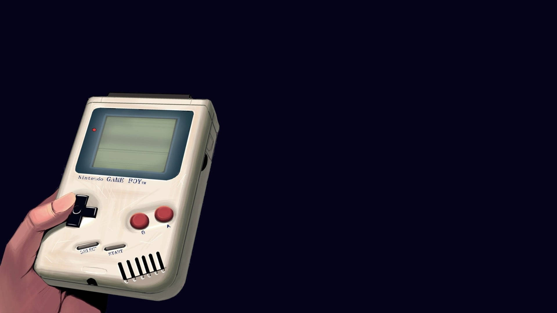 game 桌布 壁紙 — 一隻手在深色背景前拿著一台白色的Nintendo Game Boy，上面有紅色按鈕。