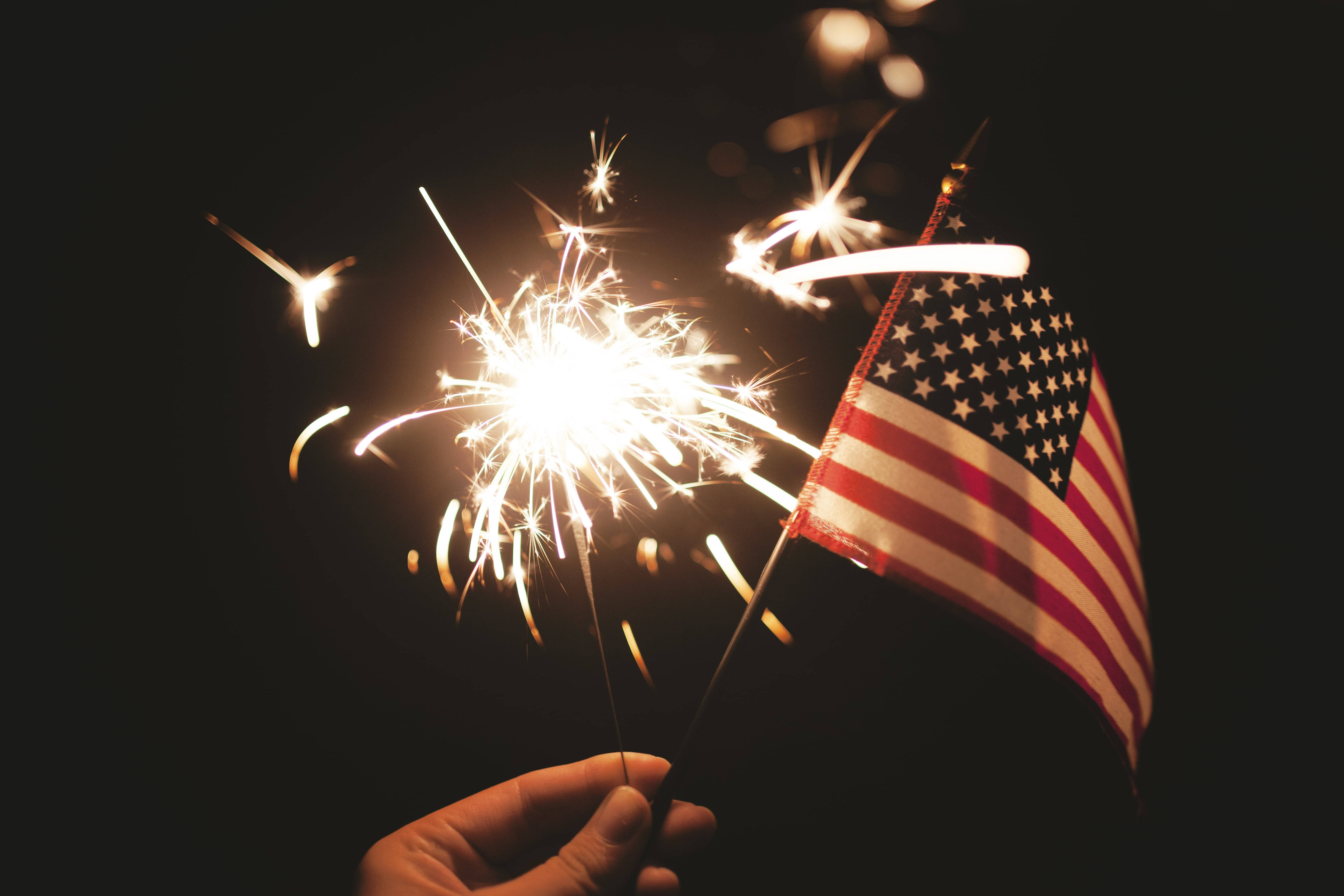 Independence 桌布 壁紙 — 一隻手在漆黑的夜空下，手持閃爍的煙火和一面小型美國國旗，背景有發光散景燈光。