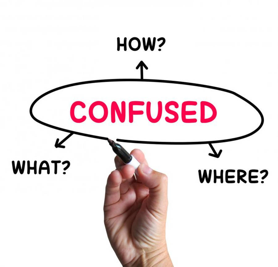 Confused 桌布 壁紙 — 一隻手在白板上畫了一個圖，中間是粉紅色的「CONFUSED」，周圍有「WHAT?」「WHERE?」「HOW?」箭頭。