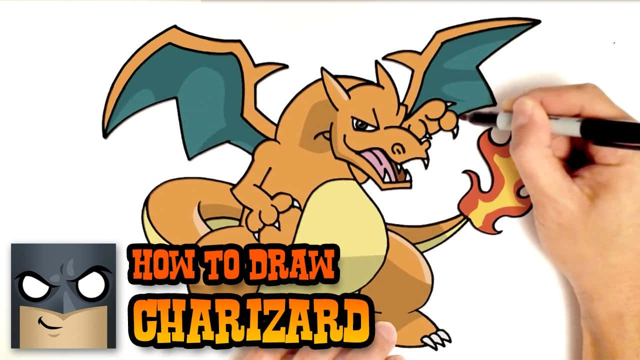 Charizard Pokemon 桌布 壁紙 — 一隻手在白紙上畫著一隻帶有綠色翅膀和橙色身體的火熱噴火龍，下方有粗體文字。
