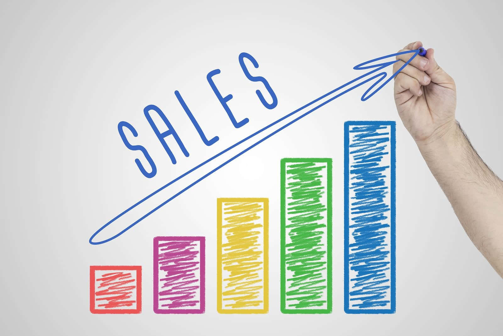 Sales 桌布 壁紙 — 一隻手在白色板上繪製一條上升箭頭，覆蓋在色彩繽紛的手繪銷售條形圖上。