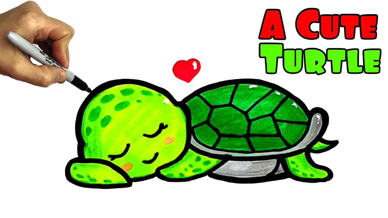 Cartoon Turtle 桌布 壁紙 — 一隻手在白色背景上畫出一隻可愛的綠色卡通烏龜，頭頂有一個紅色愛心。