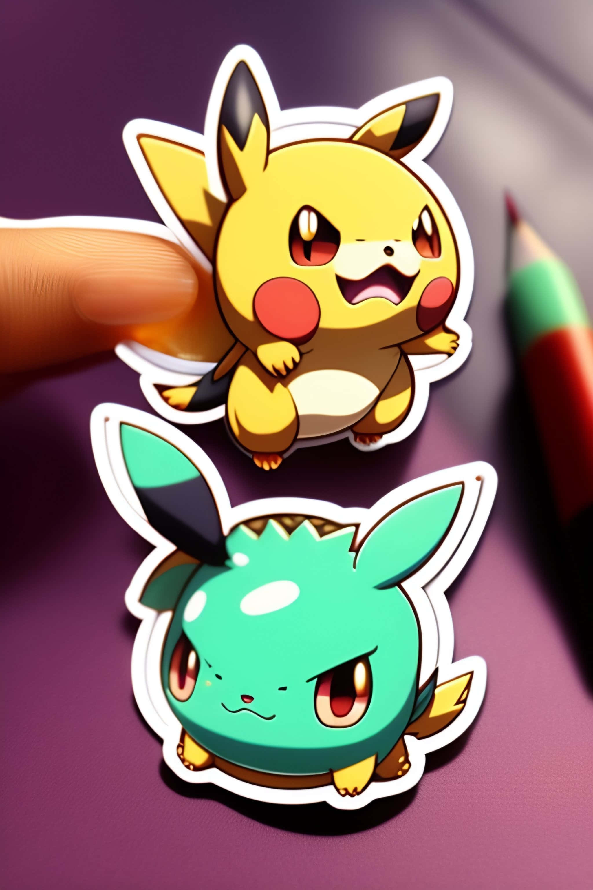 Pokemon Stickers 桌布 壁紙 — 一隻手在紫色表面上，將皮卡丘貼紙放在妙蛙種子貼紙上方，附近有一支彩色鉛筆。