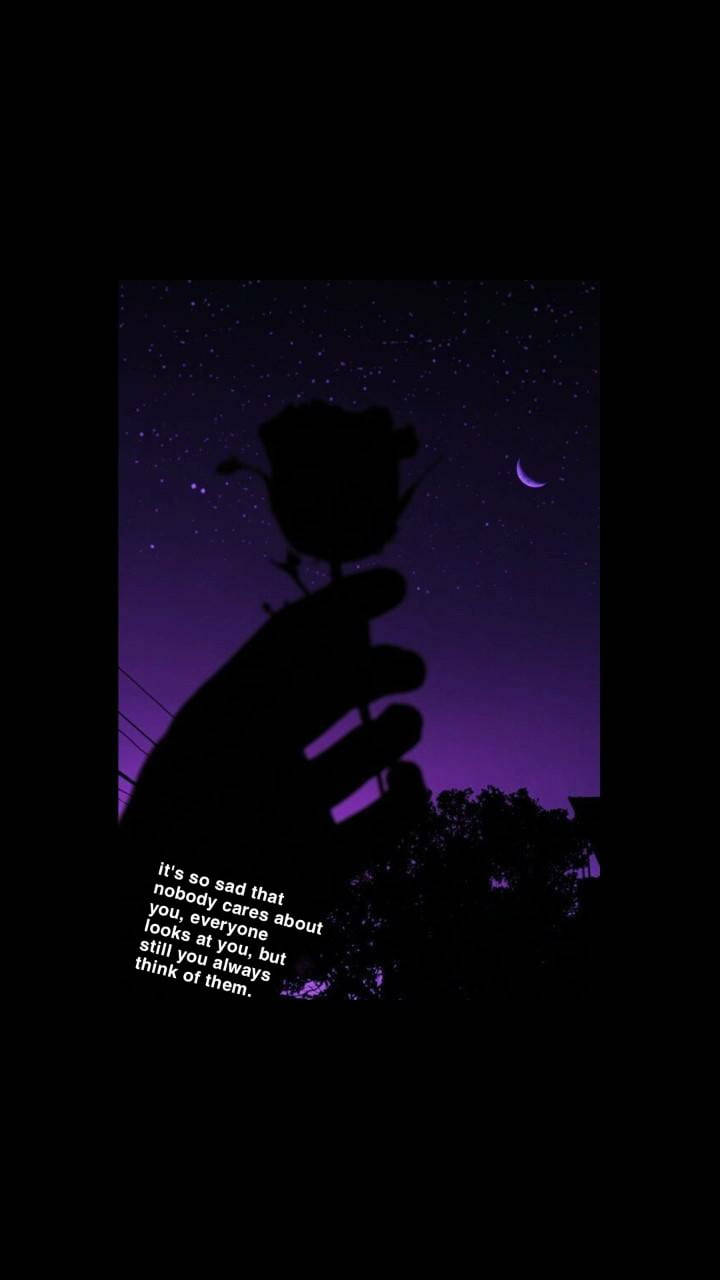 mood 桌布 壁紙 — 一隻手在繁星點點的紫色夜空下拿著一朵玫瑰，背景有新月和文字疊加。