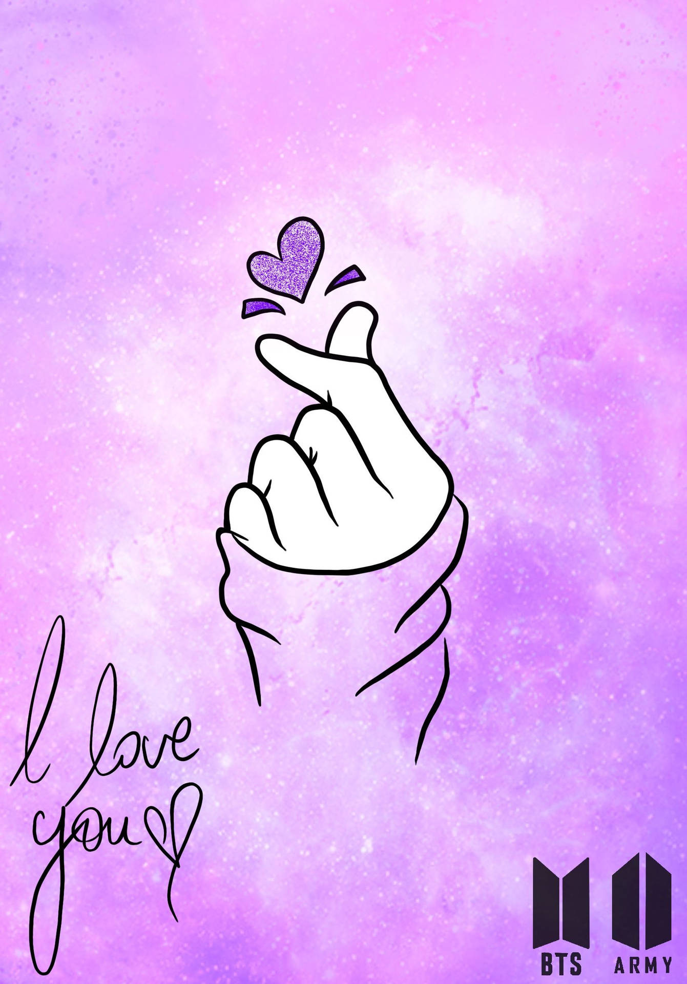 手做愛心手勢，閃亮心形，紫色銀河背景，附有I love you文字。 — BTS 防彈少年團 粉絲 女孩 GIF 壁紙