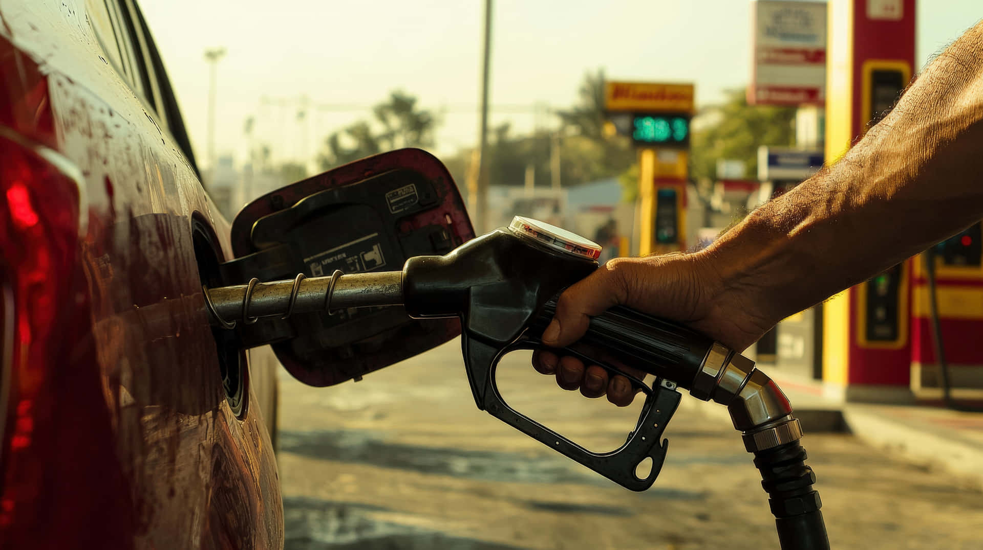Hand refueling car at gas station pump 壁紙 — 一隻手在陽光明媚的加油站將燃油噴嘴插入紅色汽車的油箱。
