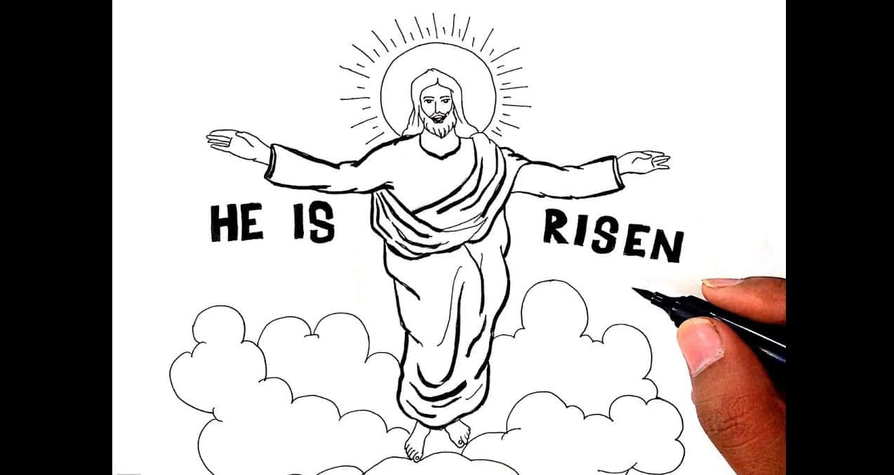 Resurrection 桌布 壁紙 — 一隻手在雲端上繪製耶穌張開雙臂的黑白線條畫，並附有文字「他復活了」。