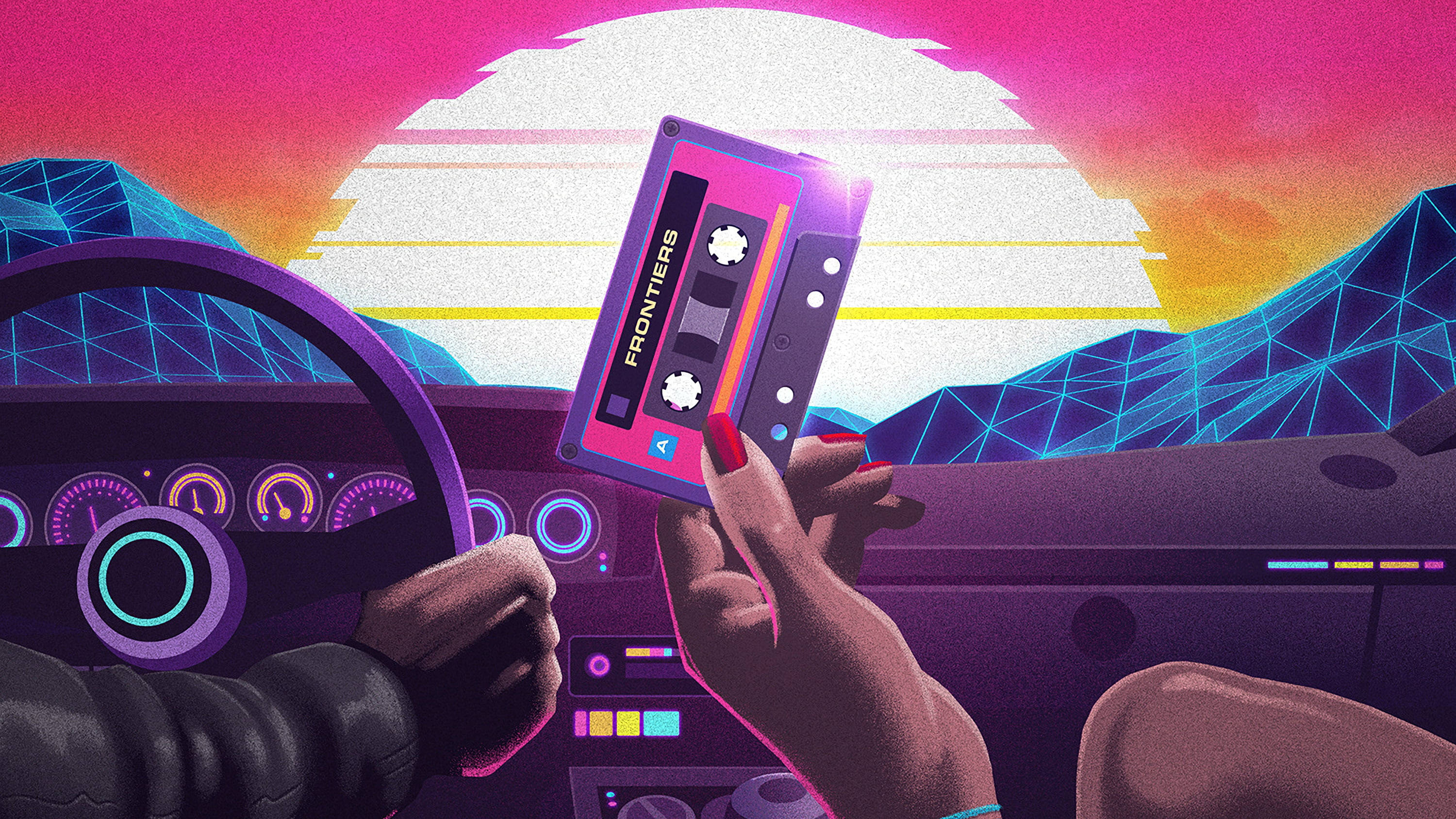 Digital 桌布 壁紙 — 一隻手在霓虹燈閃爍的汽車駕駛艙內，在風格化的日落背景下，拿著一個發光的卡式錄音帶，上面標有 frontiers。