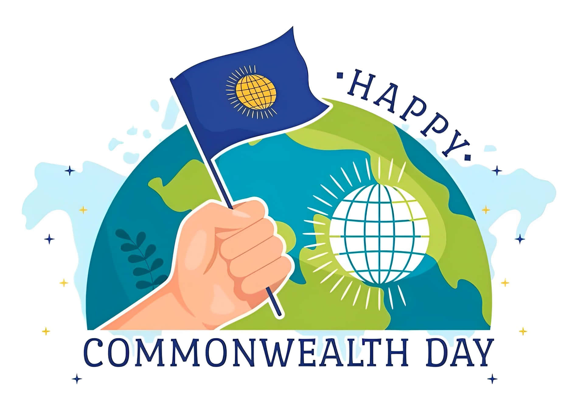 Commonwealth Day 桌布 壁紙 — 一隻手在風格化的地球儀上舉起一面大英國協旗幟，並帶有「Happy Commonwealth Day」文字。