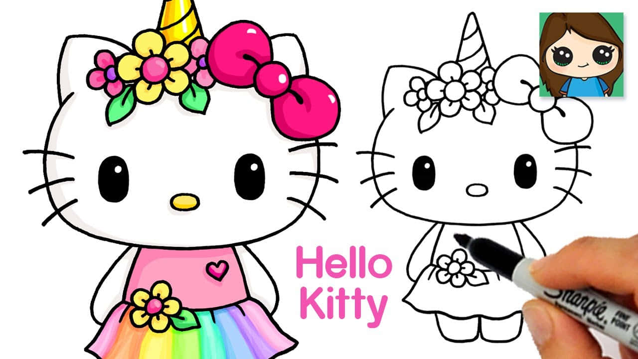 Hello Kitty 桌布 壁紙 — 一隻手在黑白輪廓旁邊畫著一隻色彩繽紛、穿著彩虹裙的Hello Kitty獨角獸。