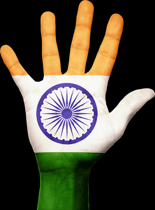 India Flag 桌布 壁紙 — 一隻手在黑色背景上繪有印度三色旗。