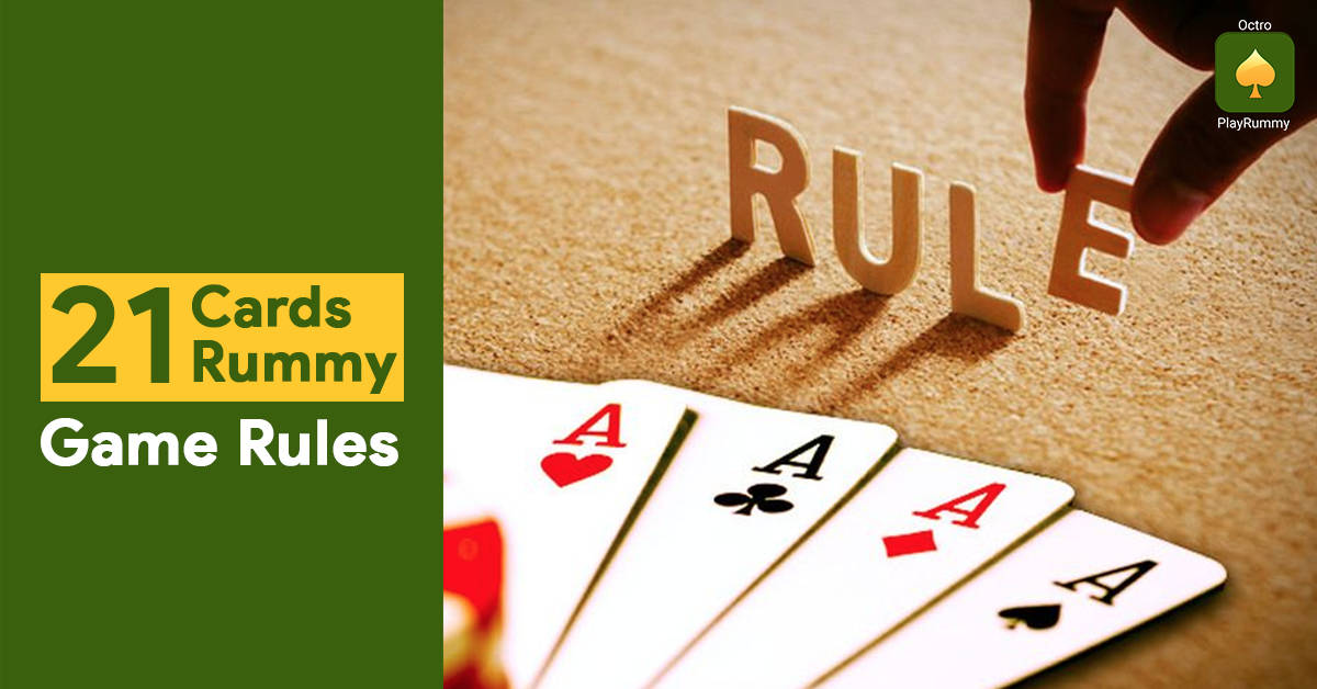 rules 桌布 壁紙 — 一隻手將一個拼寫「RULE」的木製方塊放在四個Ace旁邊，表面有紋理，並帶有綠色圖形覆蓋層，用於21 Cards Rummy。