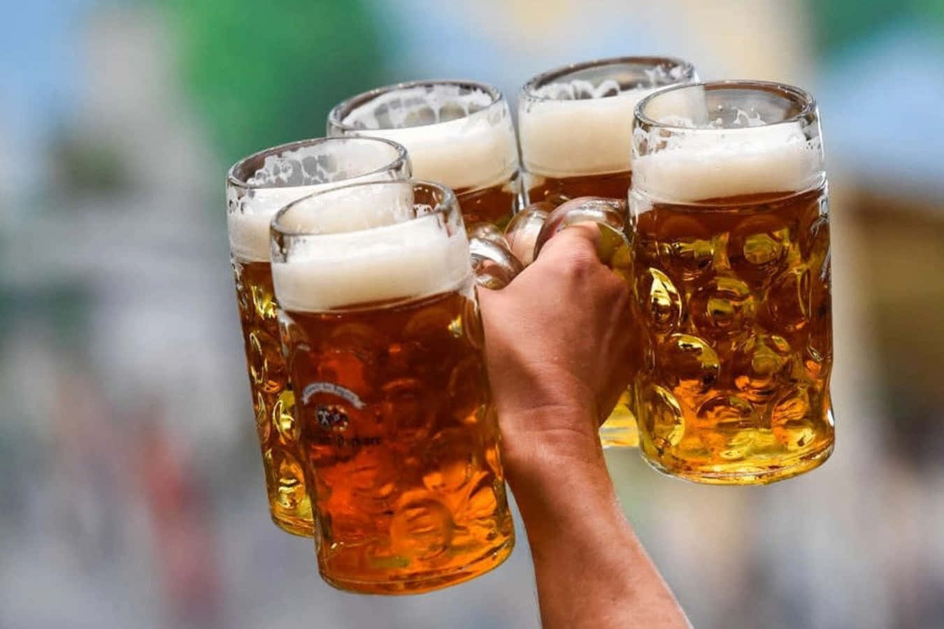 Beer 桌布 壁紙 — 一隻手將四個泡沫豐富的琥珀色啤酒杯碰在一起，進行慶祝乾杯。