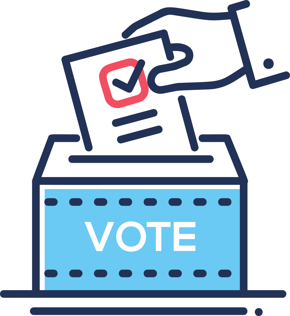 vote 桌布 壁紙 — 一隻手將帶有紅色勾號的選票放入標有VOTE的藍色投票箱中。