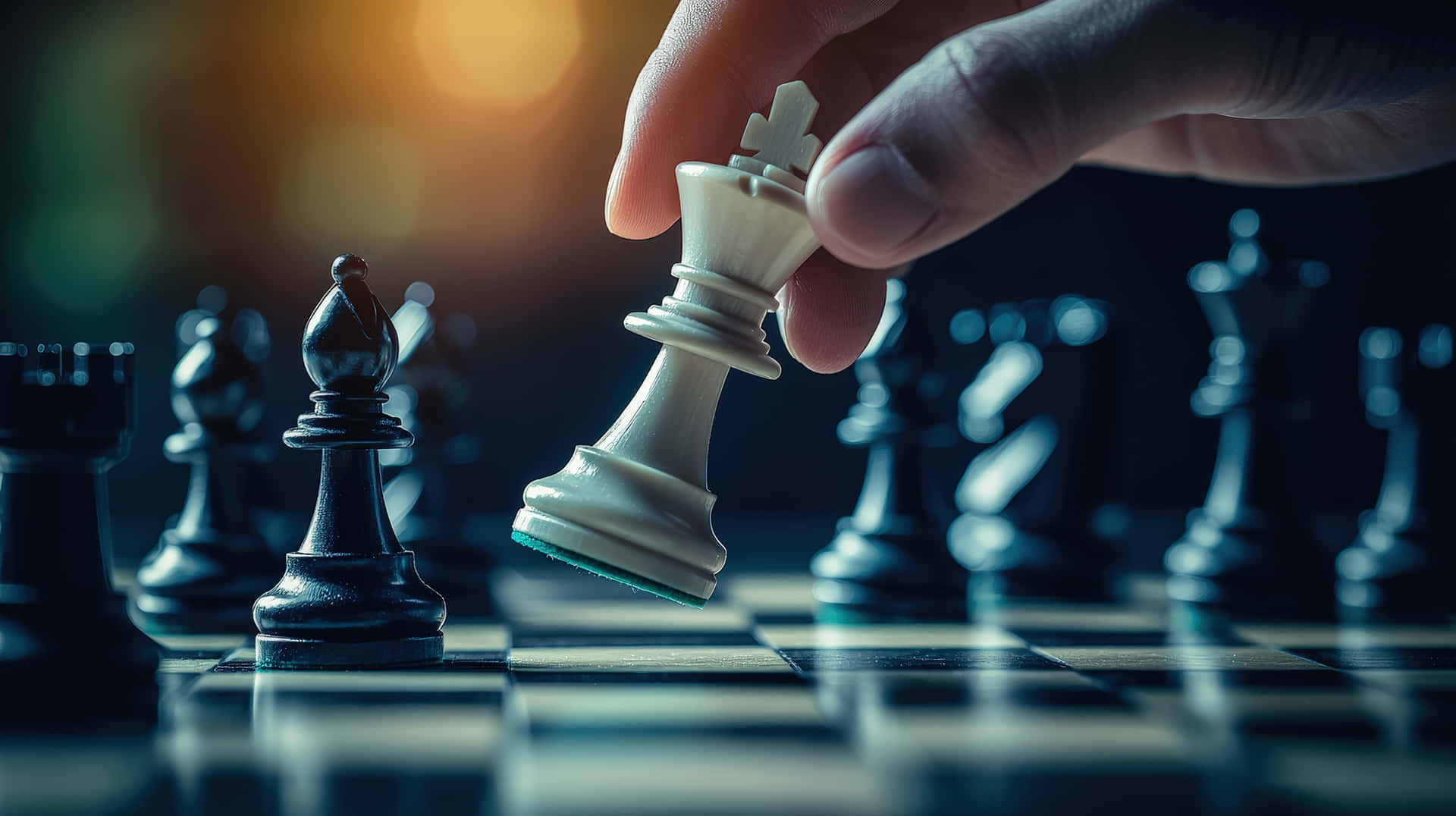 A close-up of a hand moving a chess piece, with dramatic lighting and depth of field 壁紙 — 一隻手將白色西洋棋王舉起在深色棋盤上方，對手的棋子聚焦在溫暖的背光下。