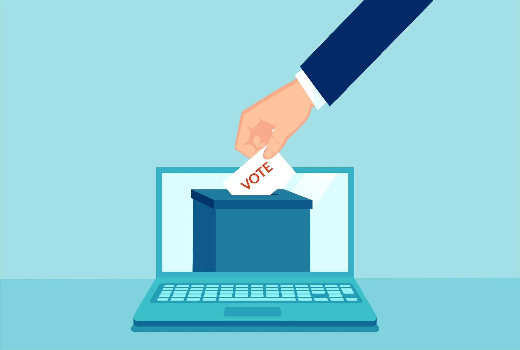 Voting 桌布 壁紙 — 一隻手將選票投入顯示在筆記型電腦螢幕上的投票箱中，這是一幅極簡的數位插圖。