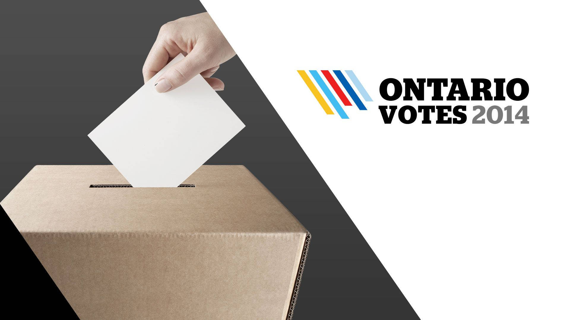 Election 桌布 壁紙 — 一隻手將選票放入Ontario Votes 2014標誌旁邊的紙板投票箱中。