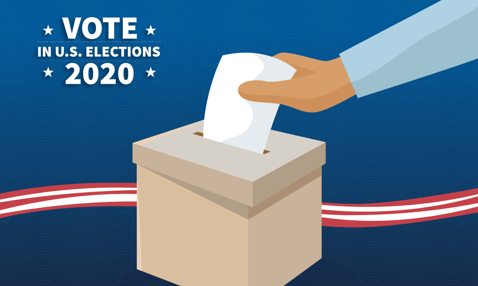 Voting 桌布 壁紙 — 一隻手將選票放入紙板投票箱，背景為藍色，帶有紅白條紋和「VOTE IN U.S. ELECTIONS 2020」文字。