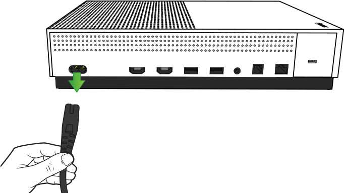 Xbox 桌布 壁紙 — 一隻手將電纜插入白色 Xbox 主機的前置端口，綠色箭頭指向連接處。